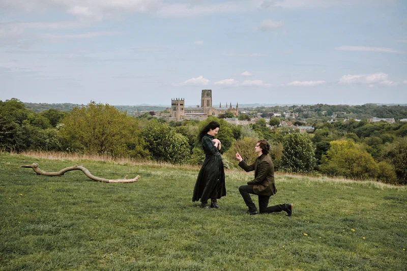 A marriage proposal on Observatory Hill overlooking Durham Cathedral